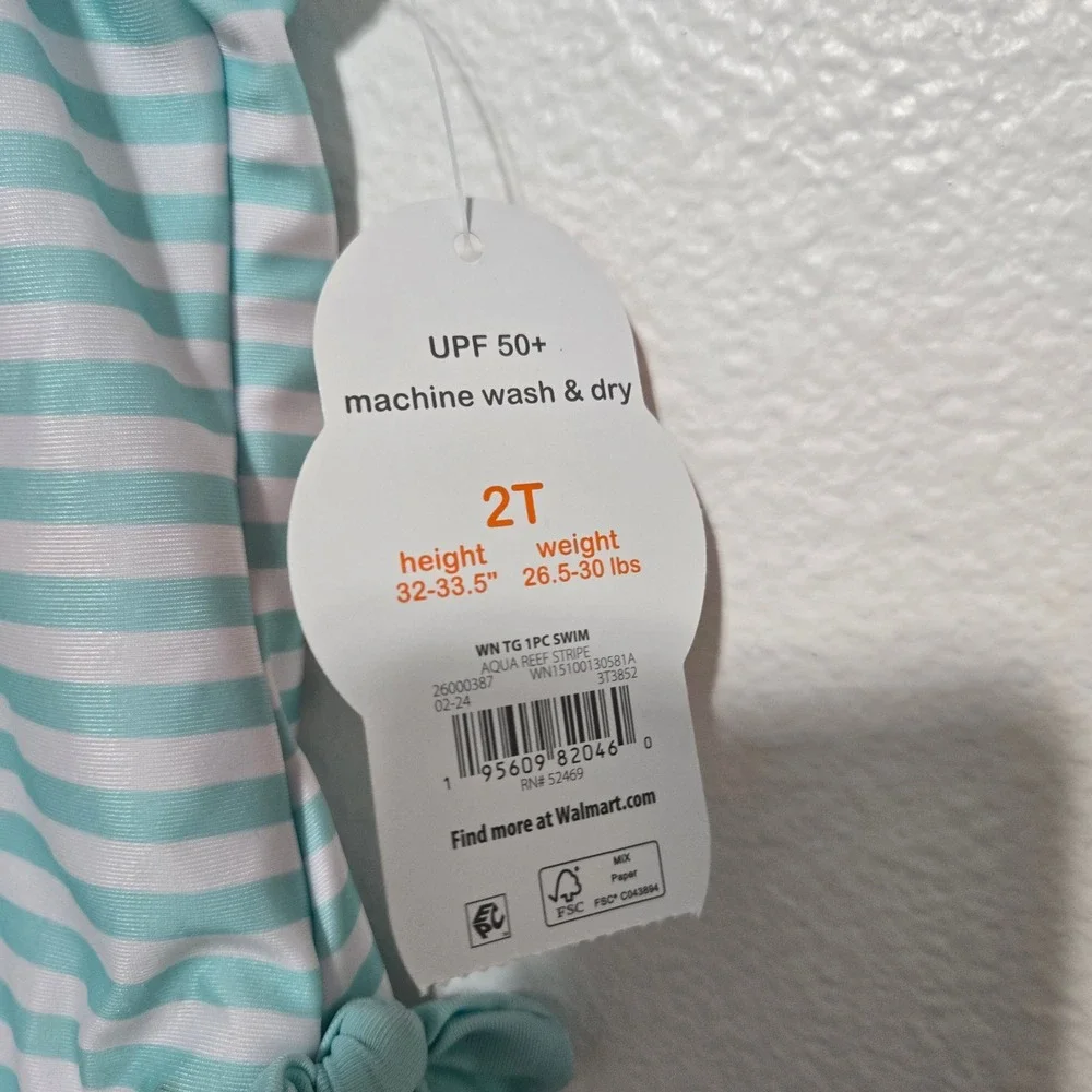 Wonder Nation Girls Swimsuit Aqua White Striped One Piece 2T UPF 50+ NWT‎